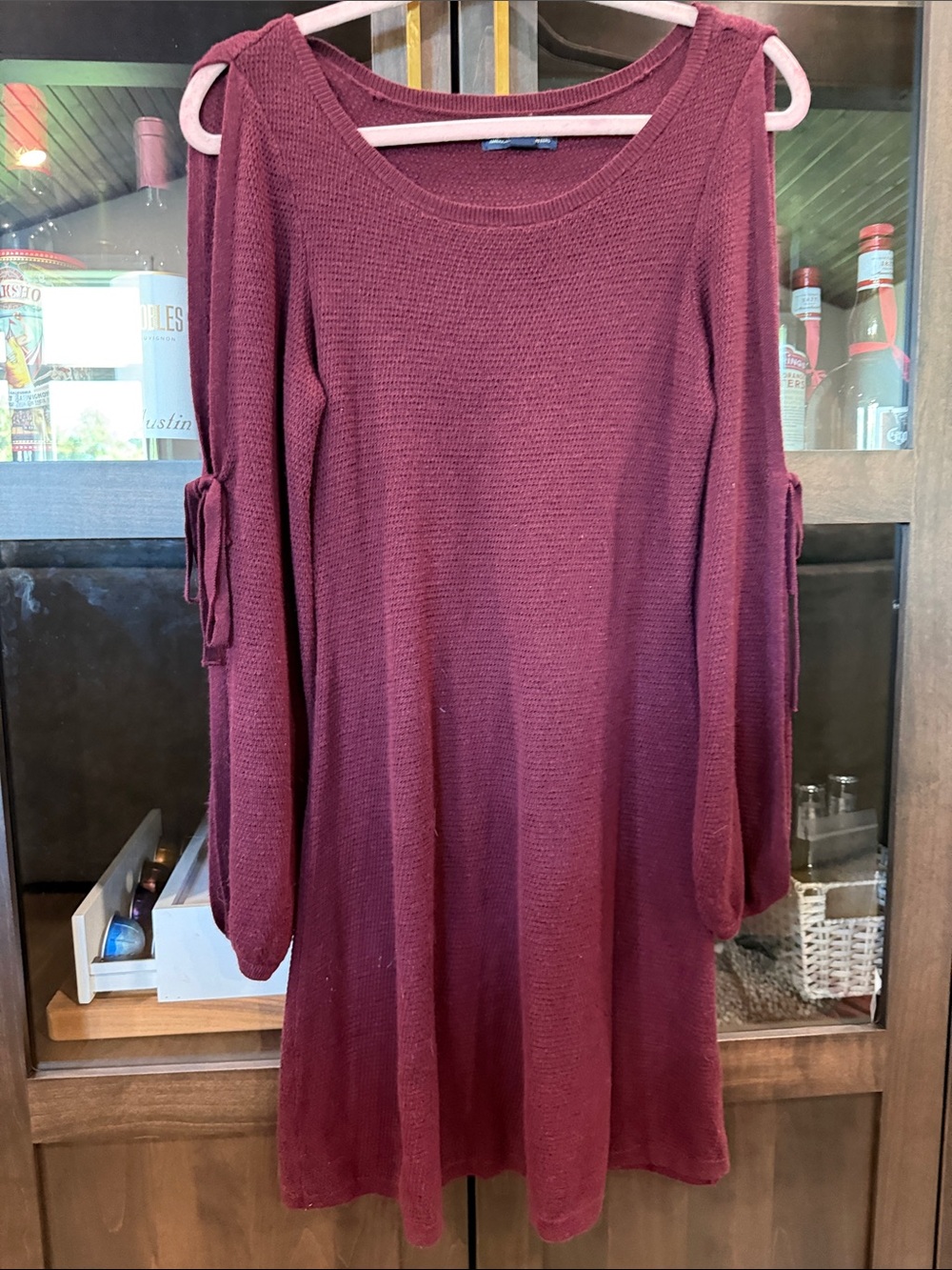 American Eagle Outfitters Burgundy Cold-Shoulder Long-Sleeve Sweater Dress